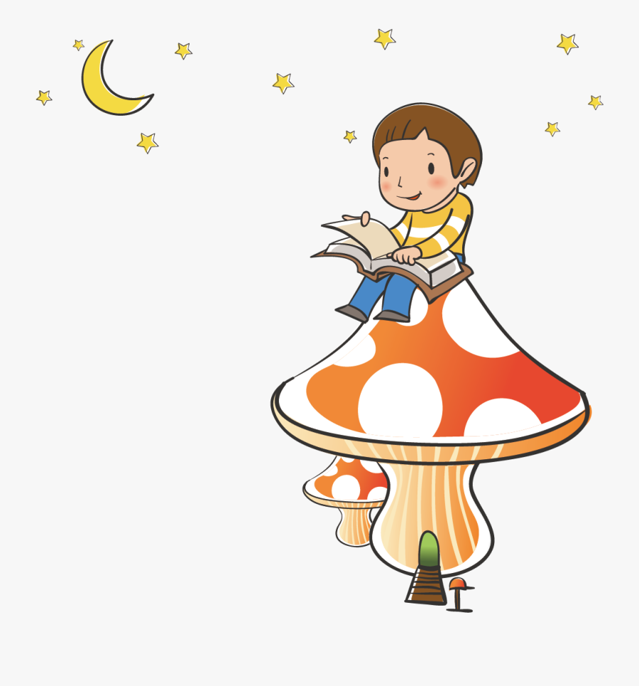 Sitting Little Boy Reading A Book On Mushrooms Png - Cây Nấm Phim Hoạt Hình, Transparent Clipart