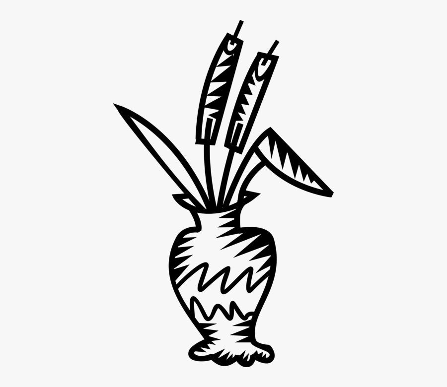 Vector Illustration Of Ceramic Vase With Cattail Bulrushes, Transparent Clipart