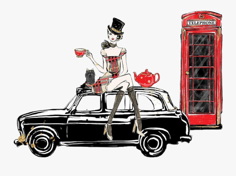 #watercolor #london #woman #dog #phonebooth #vintage - London Taxi Sticker, Transparent Clipart