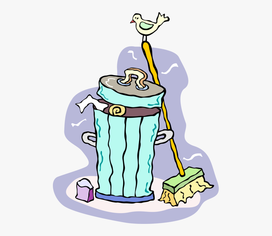 Vector Illustration Of Garbage Or Trash Can With Broom - Clean Up Clip Art, Transparent Clipart