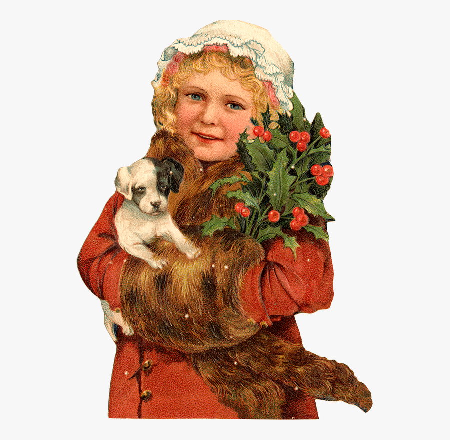 Christmas Vintage Scrap, Girl With Puppy/dog - Puppy And A Girl In Christmas Clipart, Transparent Clipart