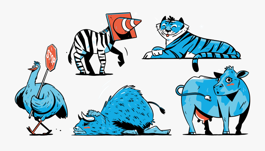 Illustration Of A Cow, Tiger, Bison, Emu, And Zebra, Transparent Clipart