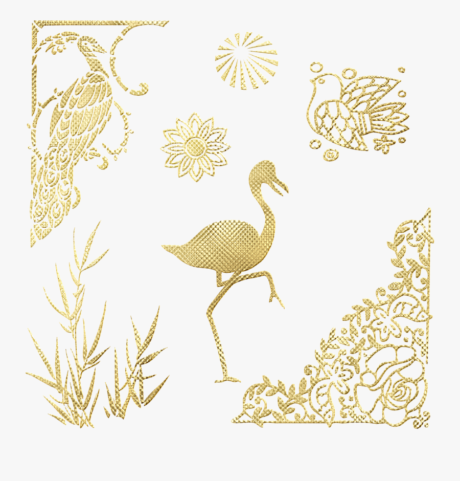 Flamingo, Peacock, Gold Foil, Bird, Corner, Bamboo, - Feuille D Or Png, Transparent Clipart