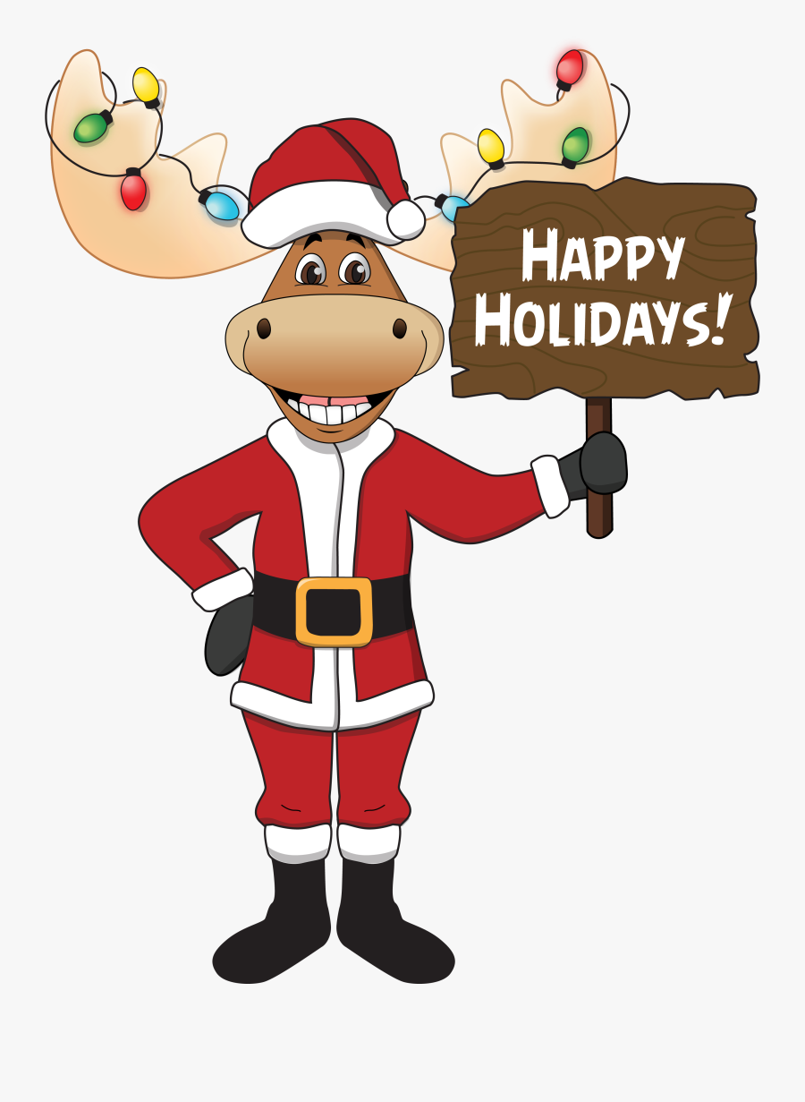 2xmas Moose Santa Lights Holding Wooden Sign Transp - Cartoon, Transparent Clipart
