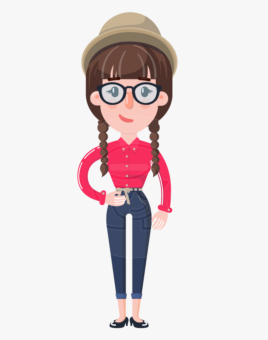 Flat Fashionable Girl With Hat And Pigtails - Braids Cartoon Characters, Transparent Clipart