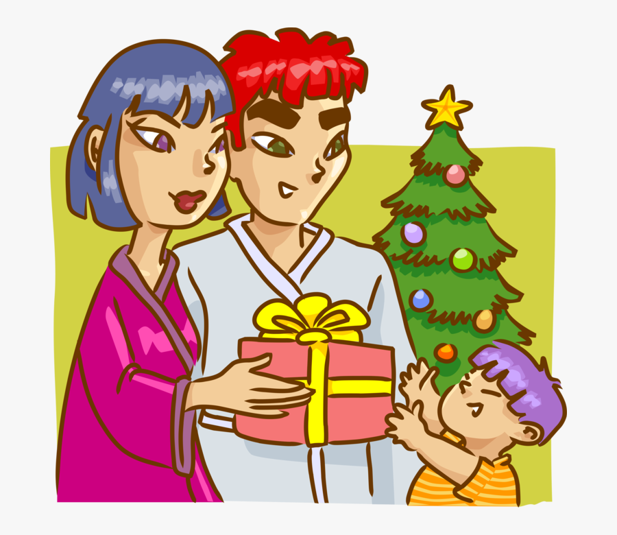 Vector Illustration Of Family On Christmas Morning - Exchanging Gift In Christmas With Family Cartoon, Transparent Clipart