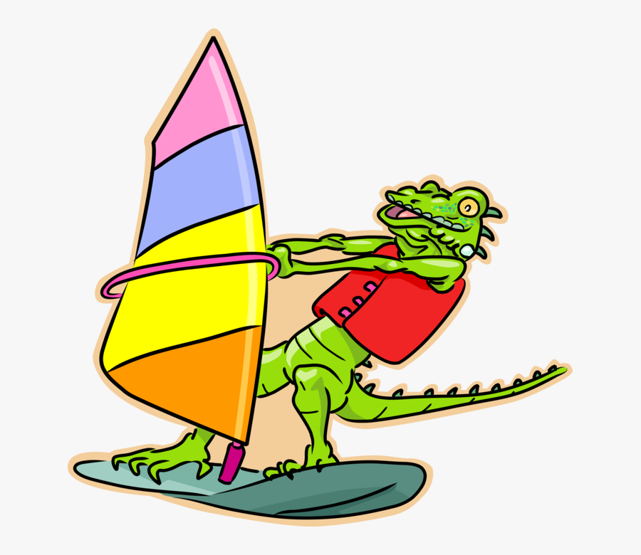 Vector Illustration Of Windsurfer Lizard Iguana Windsurfing - Iguana Cartoon, Transparent Clipart