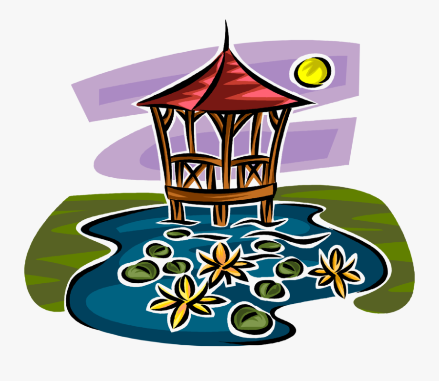 Vector Illustration Of Gazebo In Garden Pond With Lily - Vector Graphics, Transparent Clipart
