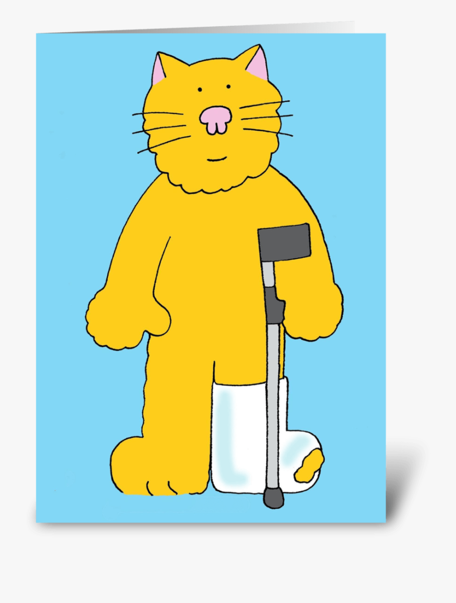 Get Well Broken Leg Cat With Crutch Card Greeting Card - Cat Cartoon On Crutches, Transparent Clipart