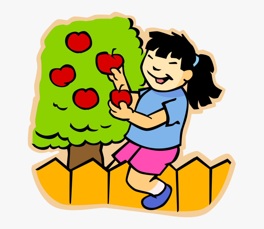 Vector Illustration Of Primary Or Elementary School - Picking An Apple Clipart, Transparent Clipart