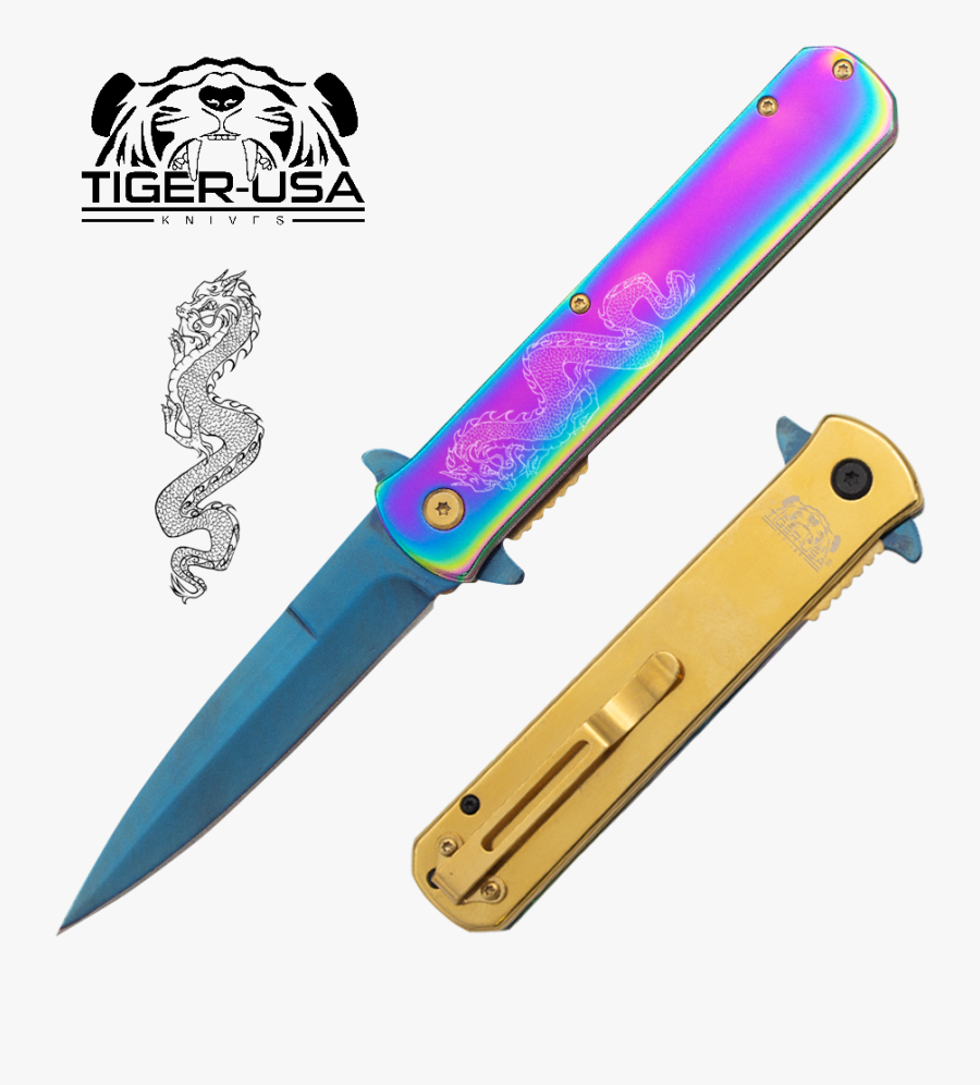 Tiger Usa®metallic Dragon Folding Knife W/clip - Rainbow 1045 Surgical Steel Limited Edition Tiger Usa, Transparent Clipart