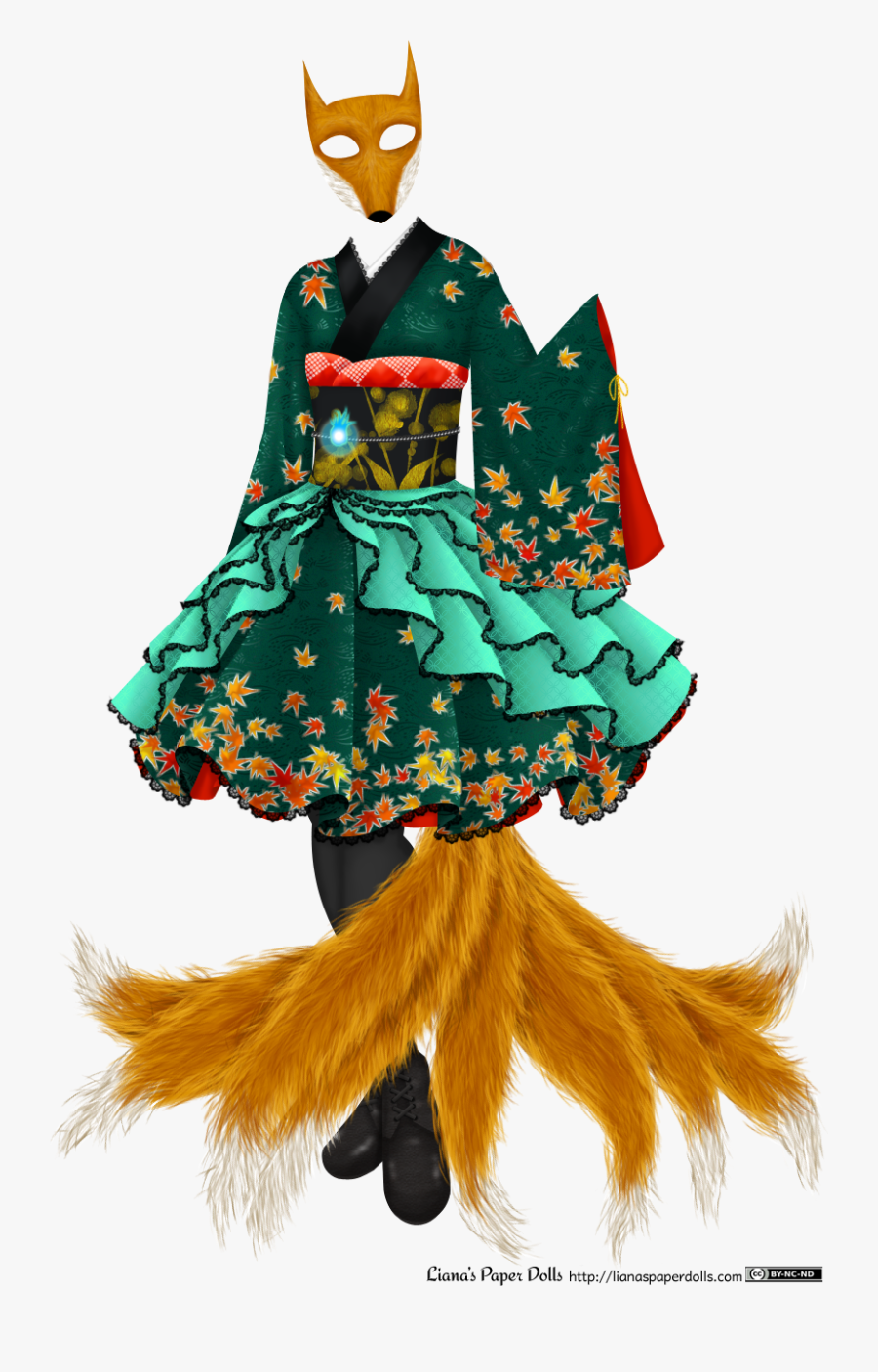 A Knee Length Teal Green Dress With A Fox Mask And - Lolita Fox Dress, Transparent Clipart