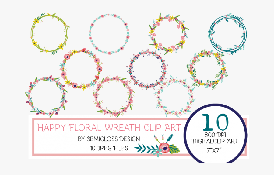 Floral Wreath Clipart With Hand-drawn Flowers Example - Complete Strand Of Mixed Beads: Feather Beads, Striped, Transparent Clipart