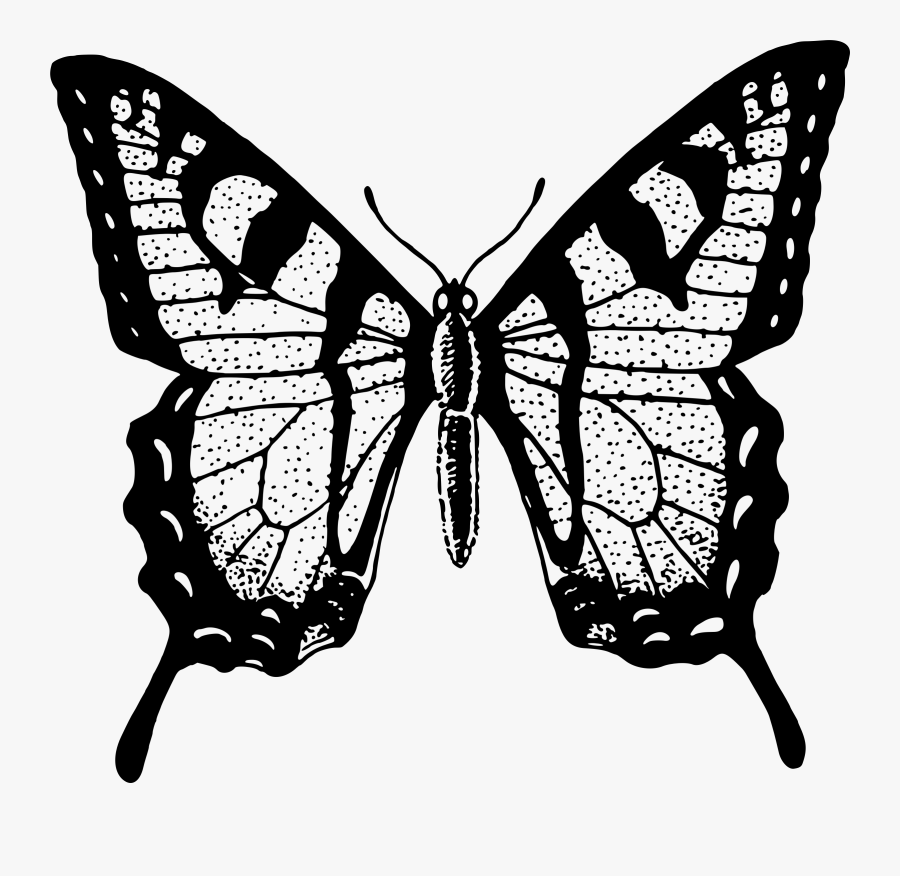 Single Flying Butterfly Clip Art Black - Black And White Butterfly Art, Transparent Clipart