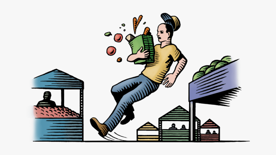 Woodcut Illustration Of A Man Slipping At A Farmers - Clipart Vegetable Market Transparent, Transparent Clipart