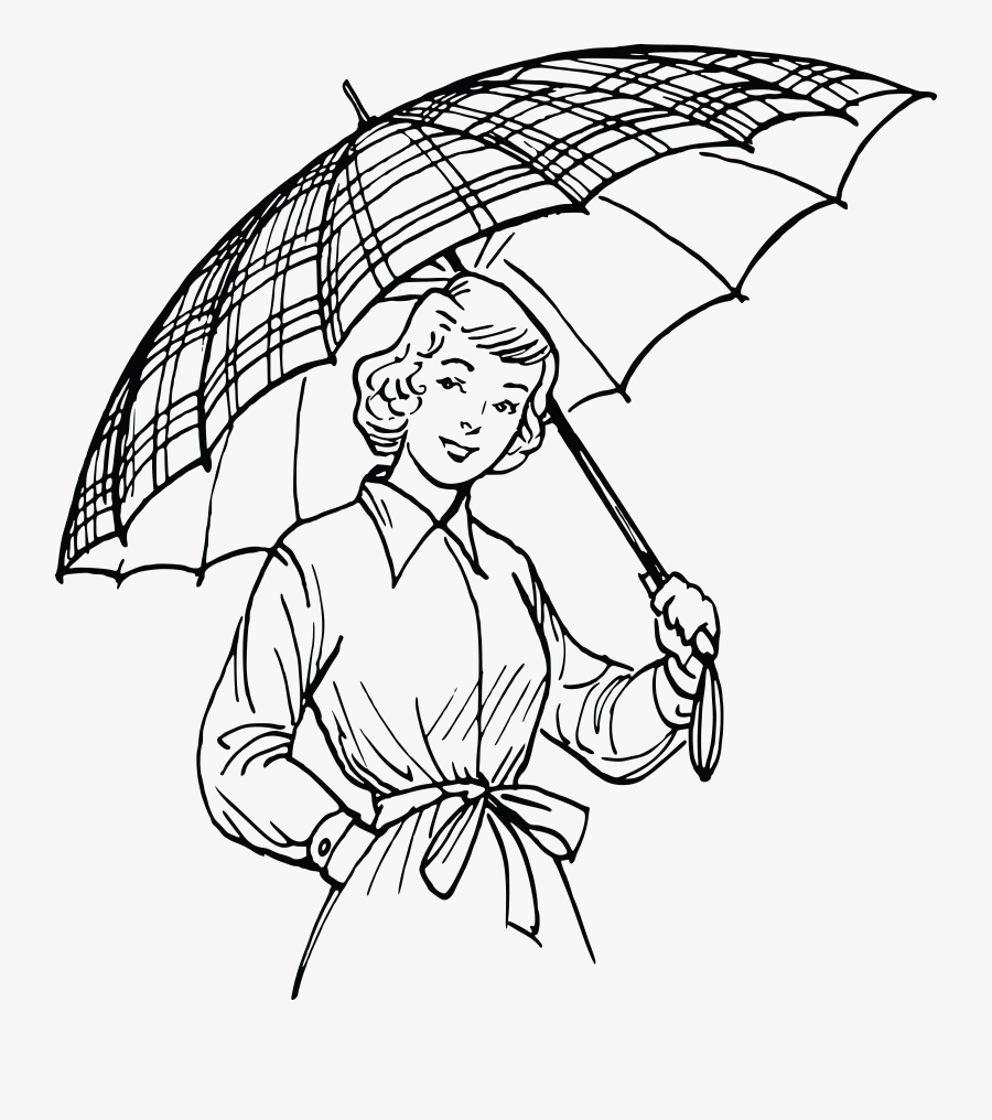 Free Clipart Of A Retro Black And White Woman With - Lady With Umbrella Drawing, Transparent Clipart