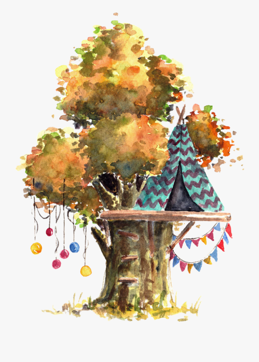 #watercolor #treehouse #teepee #balloons #tree #leaves - Watercolour Tree House, Transparent Clipart