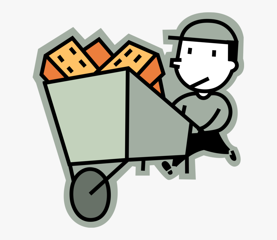 Vector Illustration Of Mason Bricklayer With Wheelbarrow, Transparent Clipart