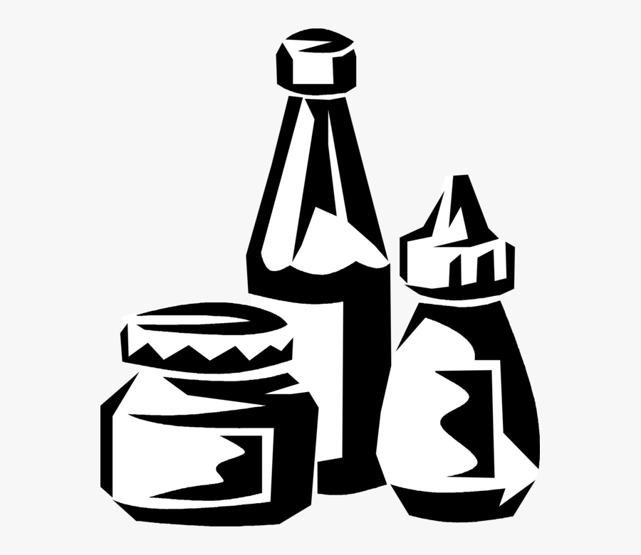 Vector Illustration Of Ketchup, Mustard, Relish Food - Condiments Clipart Black And White, Transparent Clipart