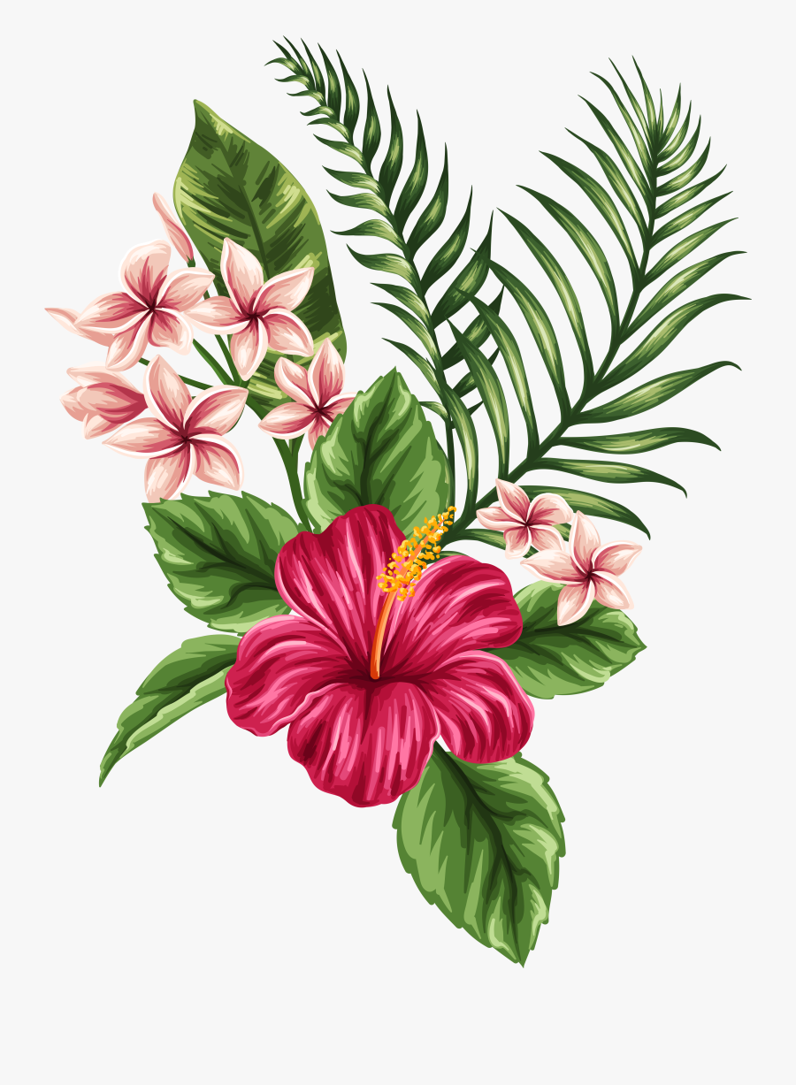 Svg Transparent Tropical Watercolor Flowers Leaves - Hibiscus Hawaiian Flower Drawing, Transparent Clipart