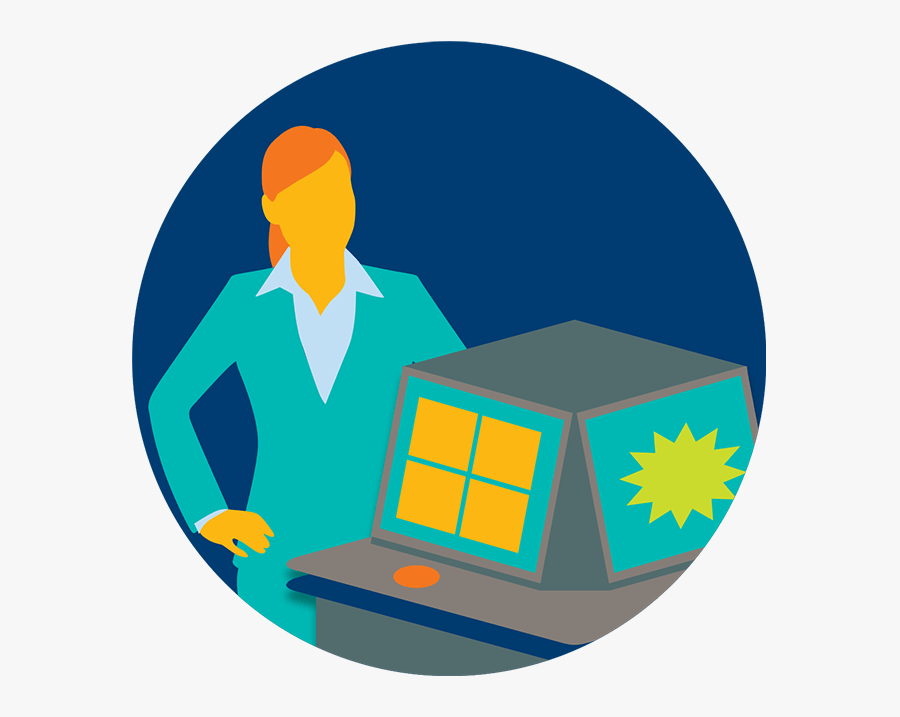 A Woman Stands Behind A Table Of Ebingo Terminals Clipart, Transparent Clipart