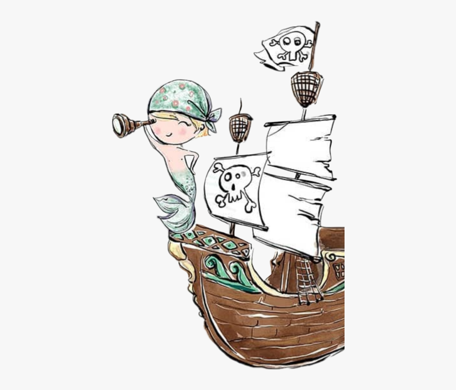 #watercolor #merboy #mermaid #pirate #ship #skullandcrossbones - Cartoon, Transparent Clipart