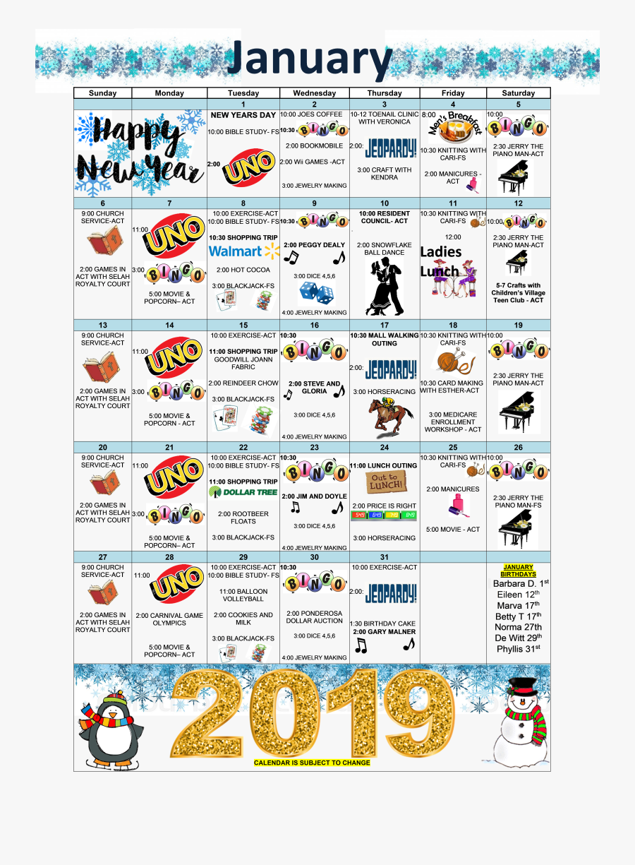 January Activities Calendar , Png Download, Transparent Clipart