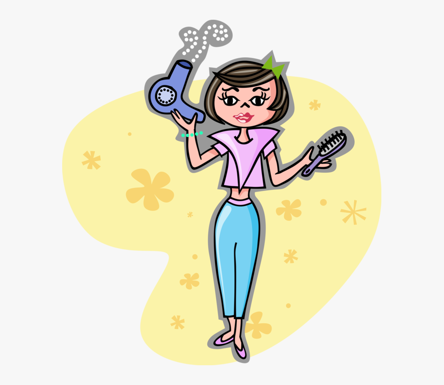 Vector Illustration Of Young Woman With Hair Dryer - Imagens De Escova E Secador, Transparent Clipart
