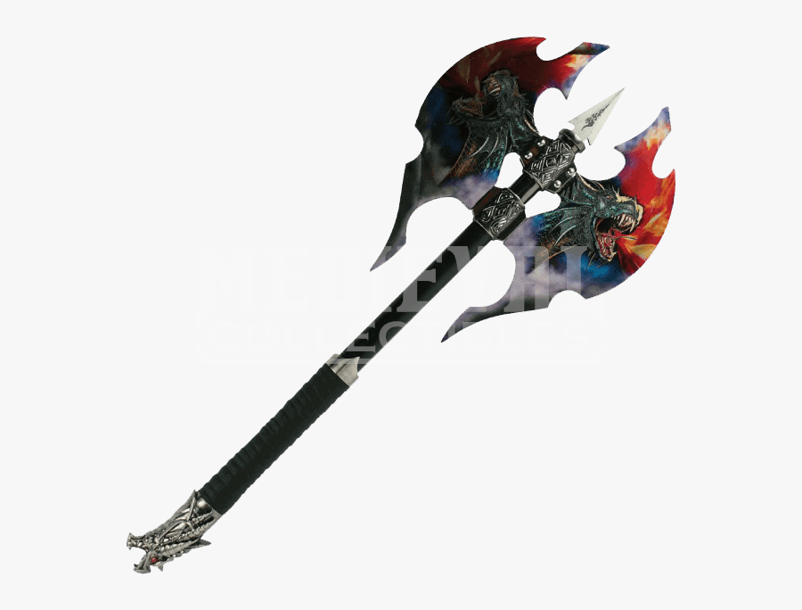 Double Bit Dragon Battle Axe - Fantasy Double Bladed Battle Axe, Transparent Clipart
