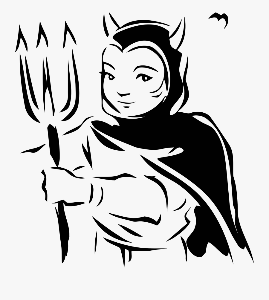 Clipart - Girl Devil Black And White Clipart, Transparent Clipart