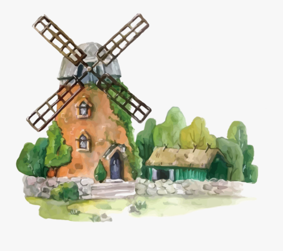 #watercolor #handpainted #windmill #house #home #homesweethome - Casa Con Molino Caricatura, Transparent Clipart
