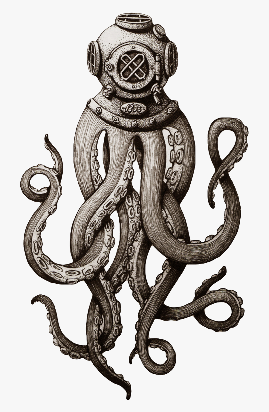 Octopus With Diving Helmet Clipart , Png Download - Tentacles Drawing, Transparent Clipart