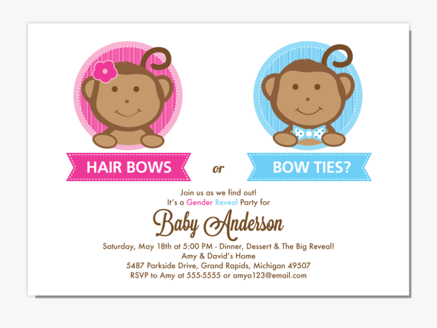 Monkey Gender Reveal Invitation - Cartoon, Transparent Clipart