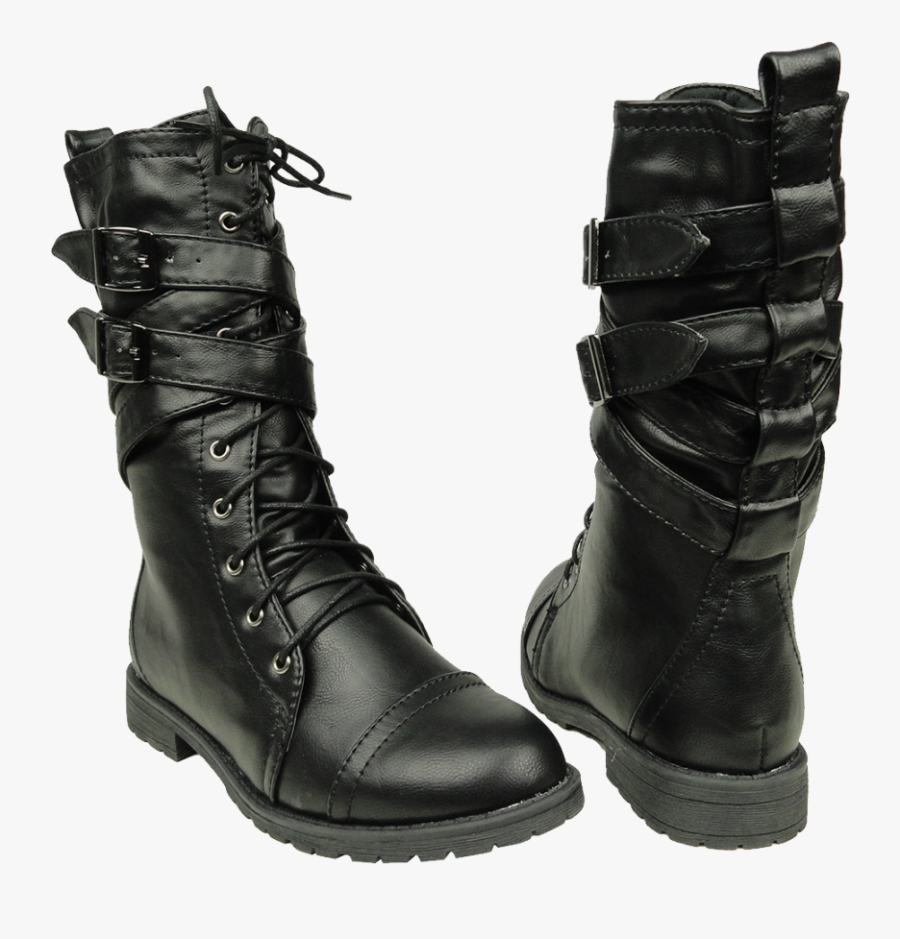 Women"s Mid Calf Cross Strap Buckle Combat Boots Png - Black Combat Boots Transparent Background, Transparent Clipart