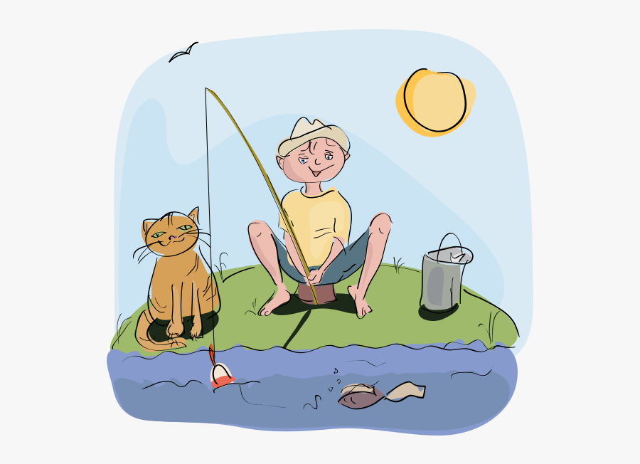 Boy And Cat Fishing Vector Drawing - Go Fishing Clipart, Transparent Clipart