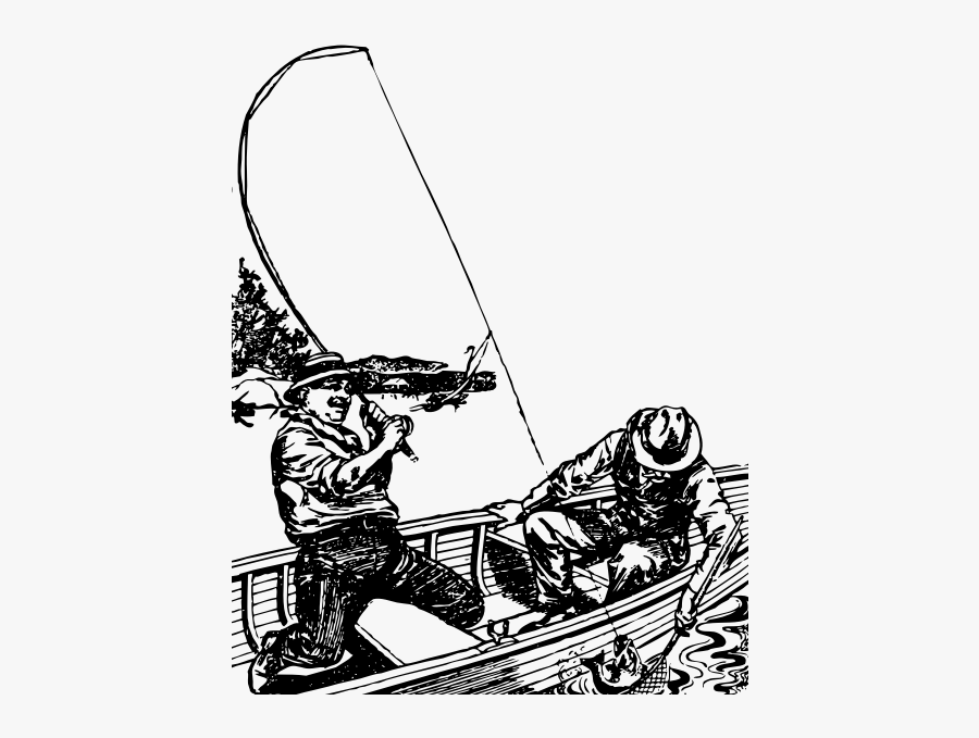 Two Men Fishing Off A Boat In A Lake Vector Graphics - Two Men Fishing Drawing, Transparent Clipart