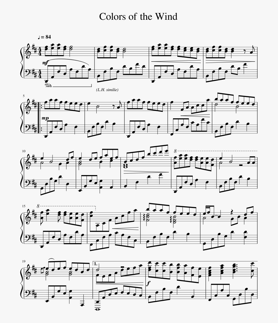 Clipart Piano Flute - Printable Colors Of The Wind Piano Sheet Music, Transparent Clipart