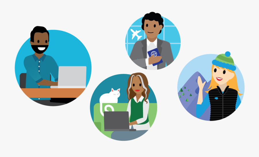 Four People In Four Different Environments - Cartoon, Transparent Clipart