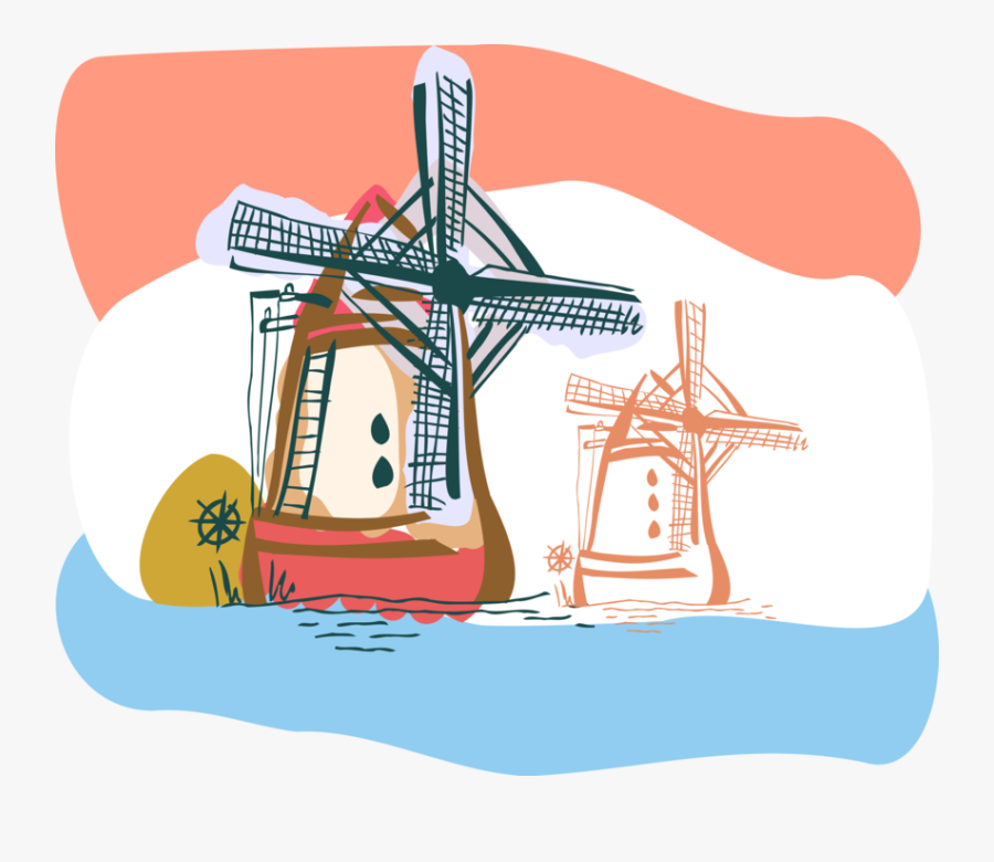 Vector Illustration Of Dutch Windmill In The Netherlands, - Holland, Transparent Clipart