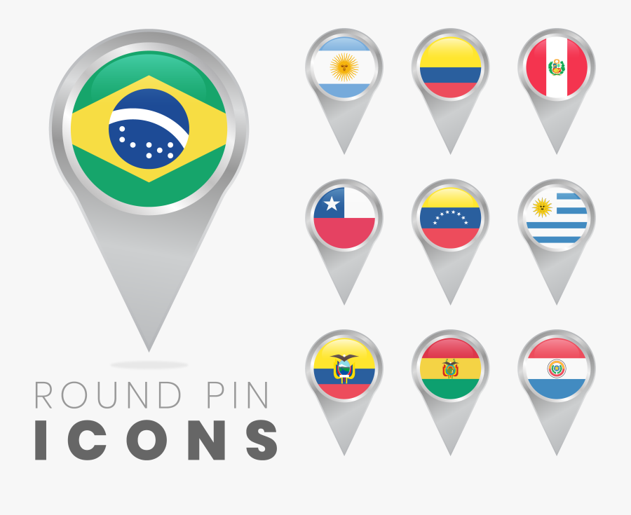 Round Pin Icons Of South America Flags, Transparent Clipart