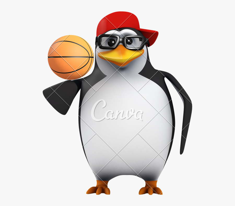 3d Funny Cartoon Penguin In A Baseball Cap Balancing - Basketball Cartoon Drawing Funny, Transparent Clipart