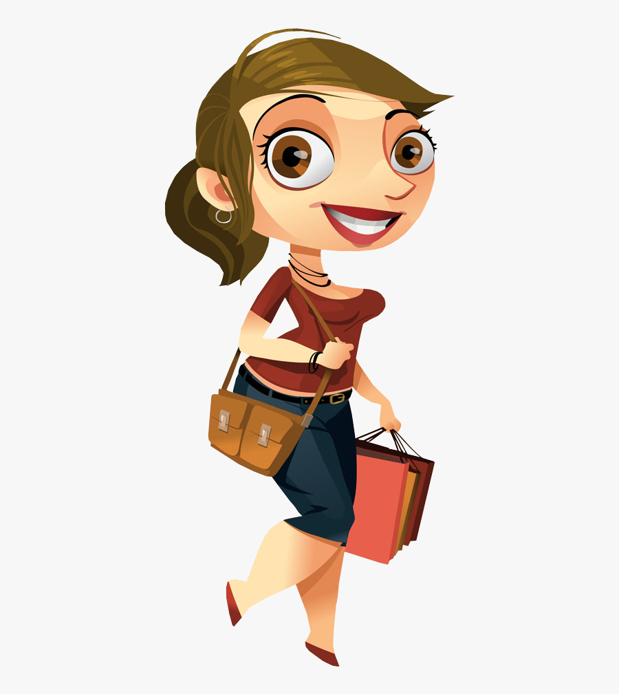 Cartoon Pretty Woman Walking With Shopping Bags - Cartoon, Transparent Clipart