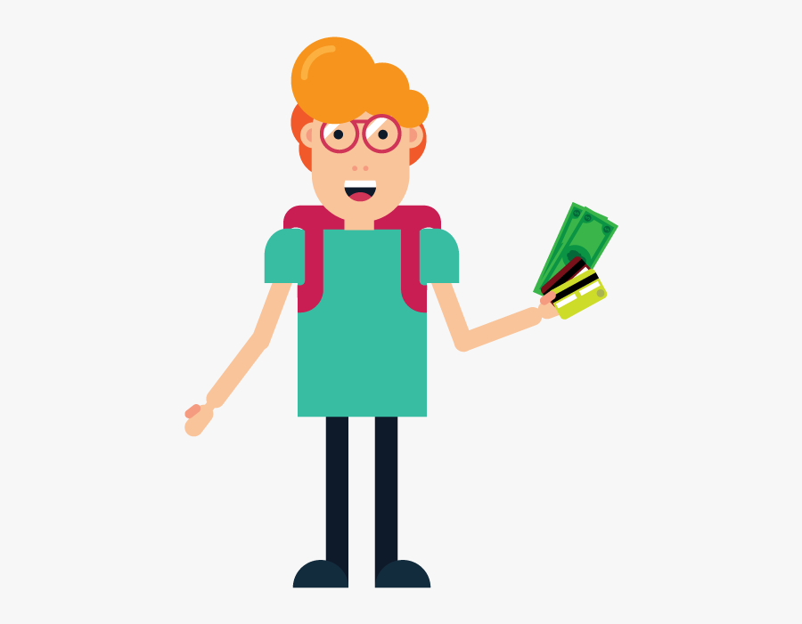 Student Holding Dollar Bills And Credit Cards - Cartoon Student With Money, Transparent Clipart
