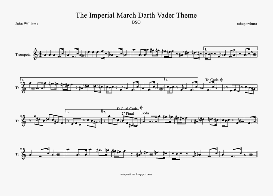 Clip Art Tubescore The Darth Vader - Imperial March Trumpet Music Sheet, Transparent Clipart