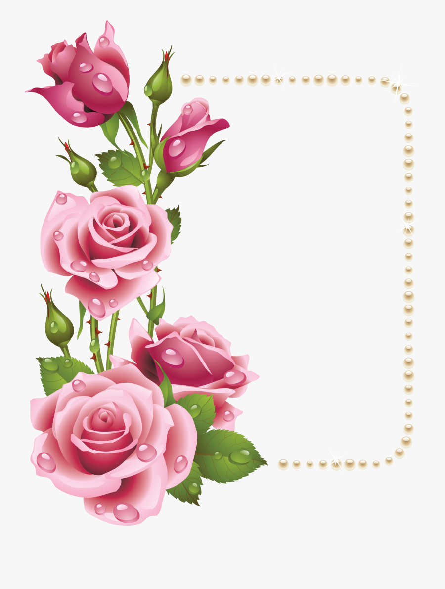 Large Transparent Frame With Pink Roses And Pearls - Frame Roses, Transparent Clipart