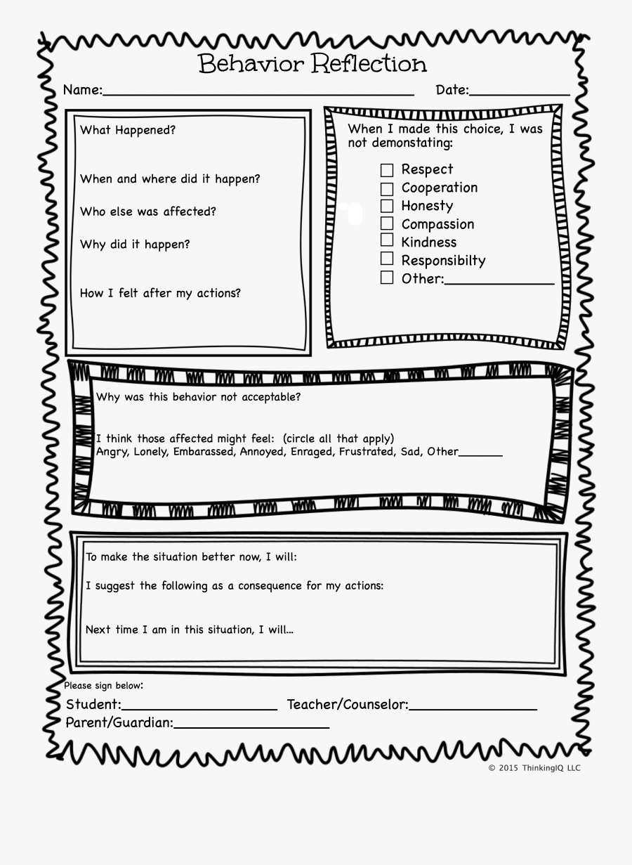 Behavior Reflection - Printable Behaviour Reflection Sheet, Transparent Clipart