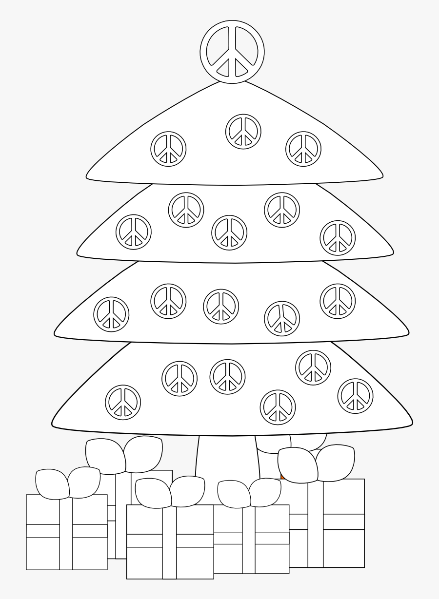 Christmas Tree Peace Sign Black White Line Art Coloring - Drapeau Peace And Love, Transparent Clipart