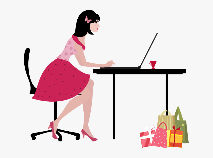 Cartoon Young Woman With Laptop Computer Shopping Online - Online Shopping Clipart Transparent, Transparent Clipart