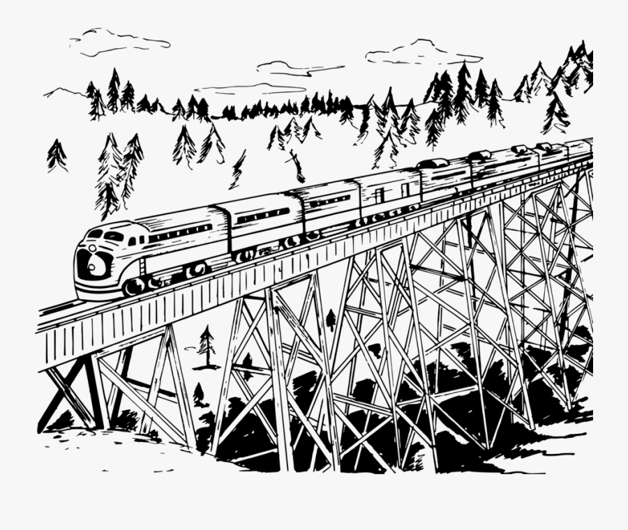 Line Art,angle,art - Train On Bridge Drawing, Transparent Clipart