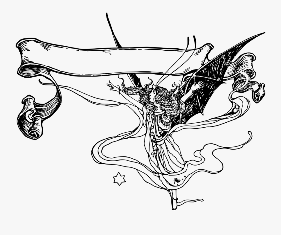Fairy, Woman, Line Art, Vintage, Wings, Scroll, Banner - Illustration, Transparent Clipart
